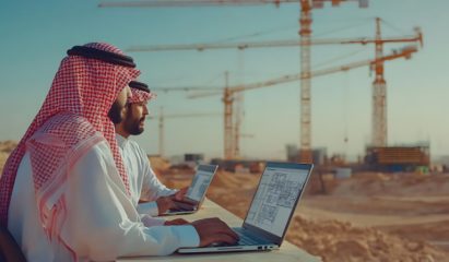 two-men-traditional-clothing-working-laptops-construction-site-photo
